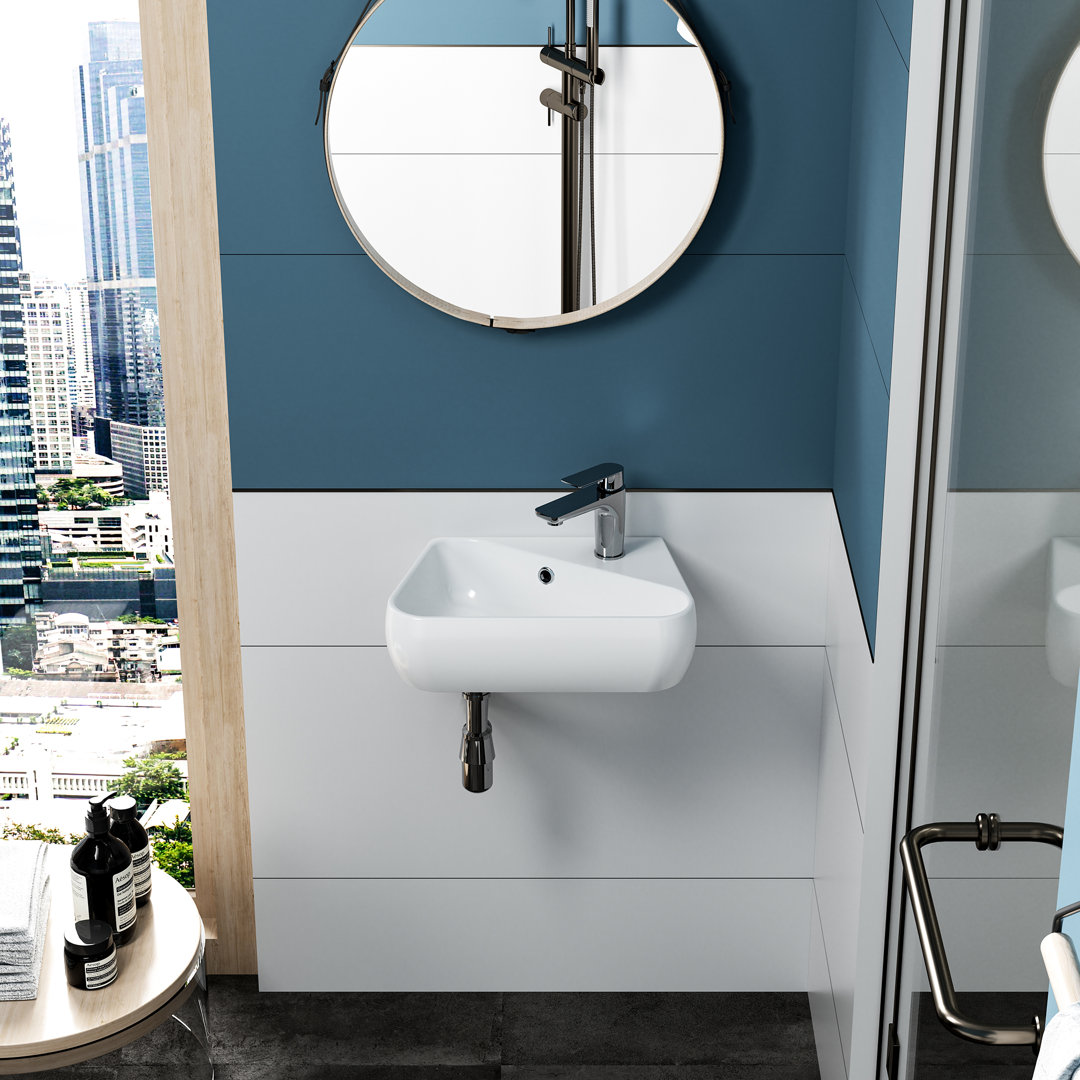 45x28cm Wall Hung Basin Sink Combo, Small Cloakroom Basin, White Ceramic Bathroom Wash Basin - Right Hand Sink Set (Include Faucet & Pop-up Drain)