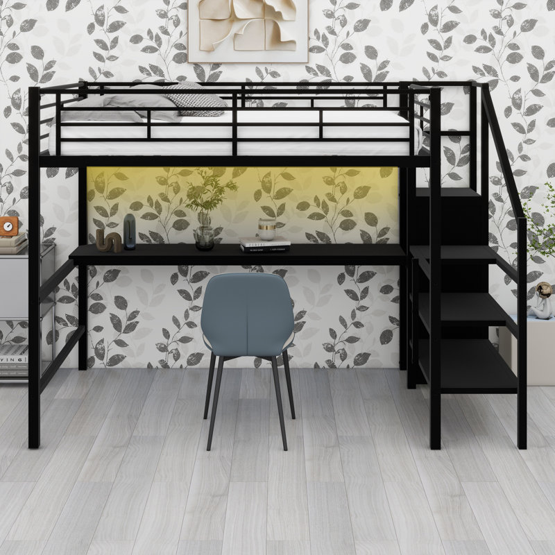 Lit mezzanine en métal avec bureau, escalier de rangement, petite armoire et lumière DEL