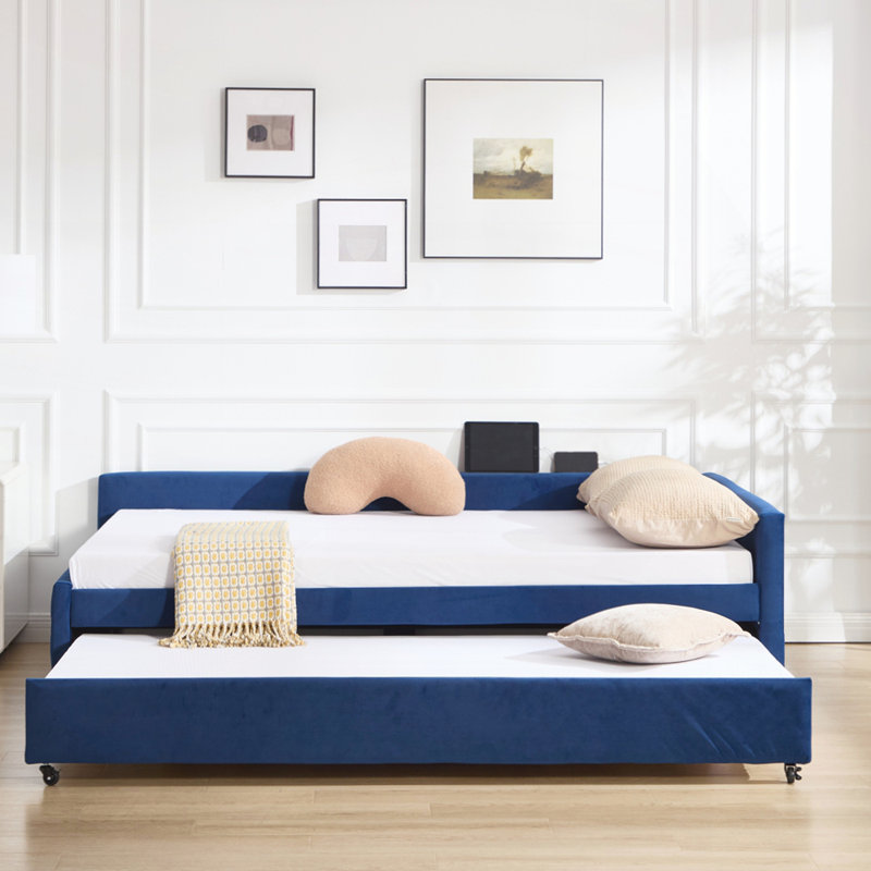 Upholstered Daybed with Trundle, Sturdy Wooden Frame, Modern Diamond Grid Design for Versatile Use in Bedrooms and Guest Rooms