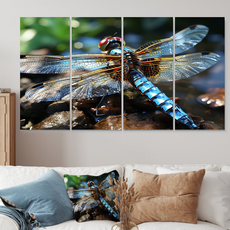 «Blue Fluttering Dragonfly I» - ensemble d'art mural 4 pièces libellule, H 28 po x l 48 po