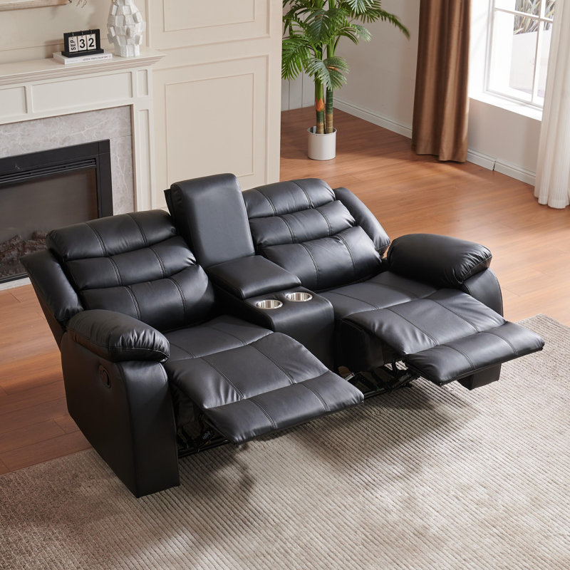 Lacreta Humes Air Leather Recliners Living Room Loveseat With Console, Black