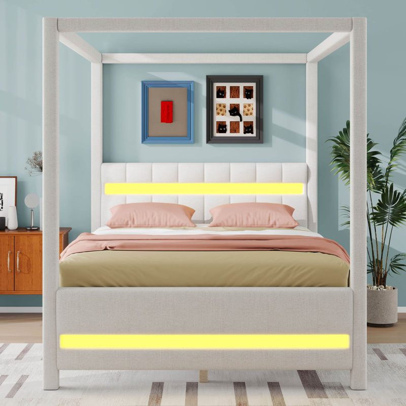 Lit à baldaquin avec lumières DEL, lit plateforme tapissier en bois avec tête de lit