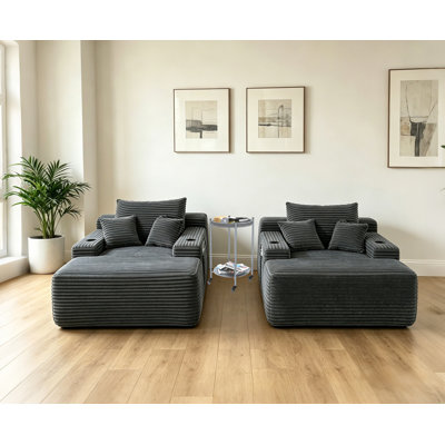  2 Convertible Sofa Chairs with Wide Armrest & Throw Pillows and 1 Coffee Table with Wheels 