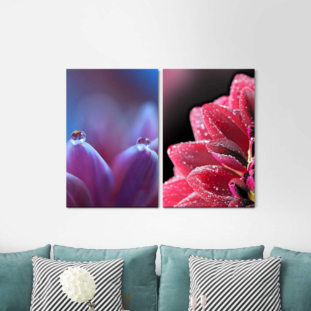 2-tlg. Leinwandbilder-Set - Fotografie „Summer Zinnias Red Blossom Water Drops Mild Flowers”