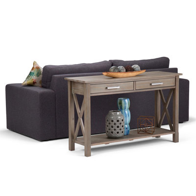 Table de canapé contemporaine en bois massif l 47 po Kitchener avec 2 tiroirs, tablette inférieure et côtés en X
