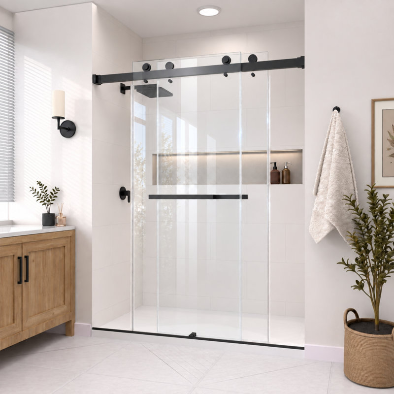 Catalyst 56"- 61" W X 84" H Double Sliding Frameless Shower Door in Matte Black with 3/8" Clear Glass, 60" W x 84" H