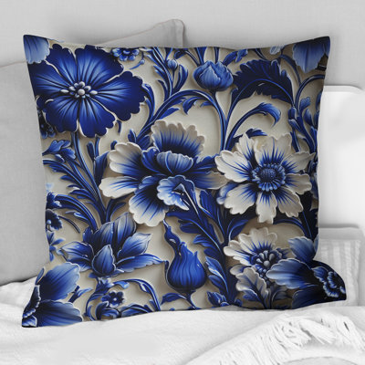 Cobalt Blue Neo Gothic Victorian Pattern I - Floral Printed Throw Pillow