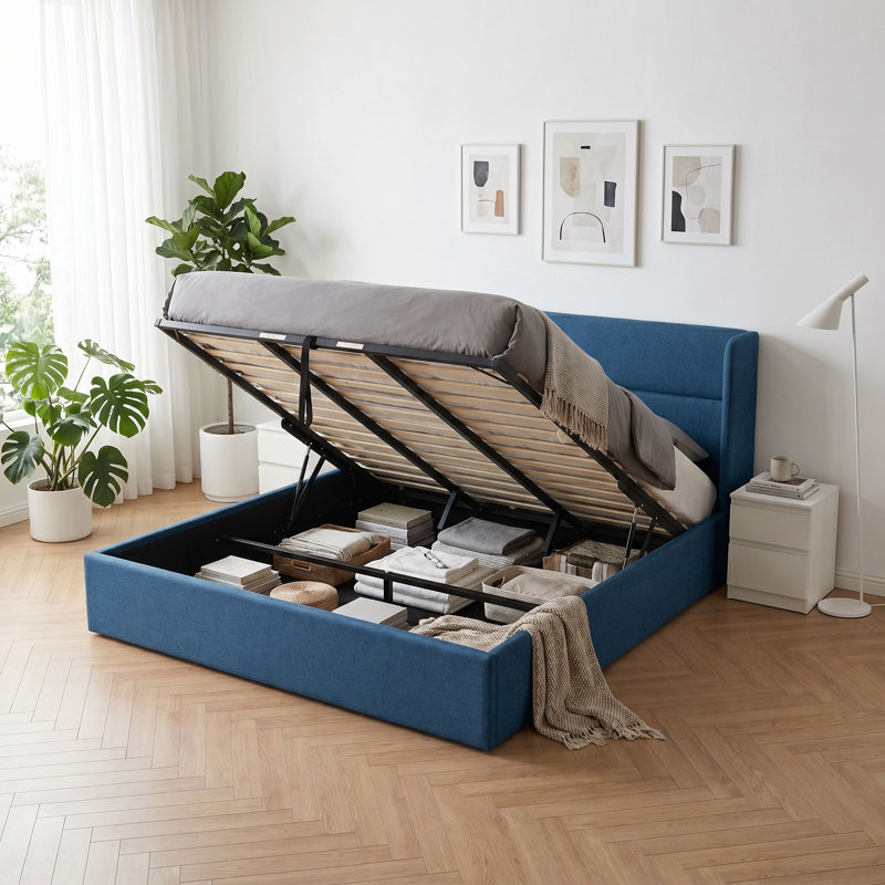 Lit plateforme tapissier avec rangement Gaillarde, Bleu pierre, Très grand