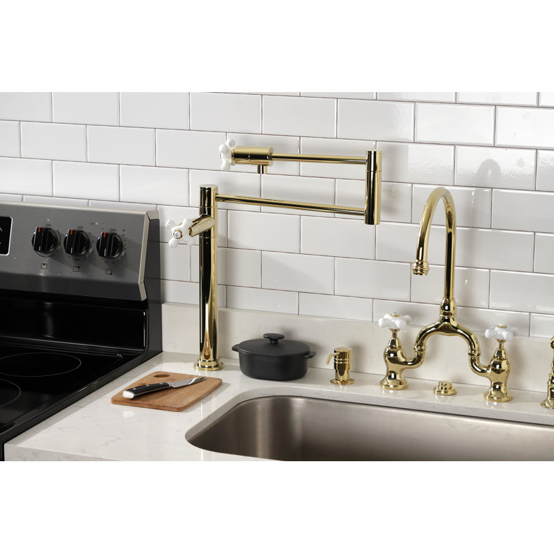 Kingston Brass Two-Handle 1-Hole Deck Mount Pot Filler Faucet, Polished Brass/White