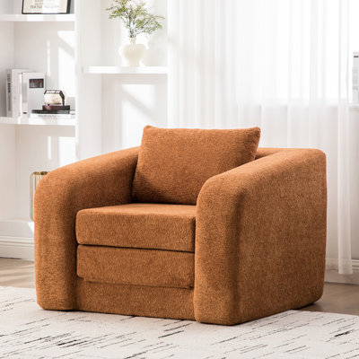 Lit en chenille orange pliable de 40 po avec coussin assorti et fonction 2 en 1, pour accoudoirs convertibles simples avec dortoir, oreiller, canapé-lit, salon, chambre à coucher
