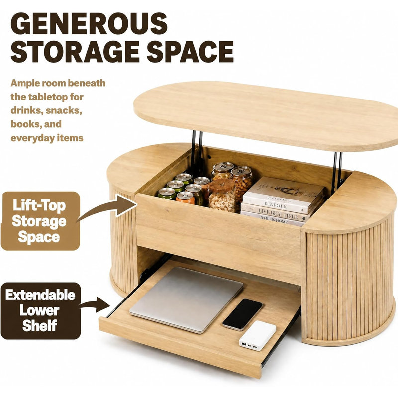 Jaxenor Lift Top Coffee Table with Extendable Shelf, Centre Table with Curved Wooden Sides, Space-Saving Tea Table with Rising Lift Up Tabletop, Storage Table for Living Room & Office