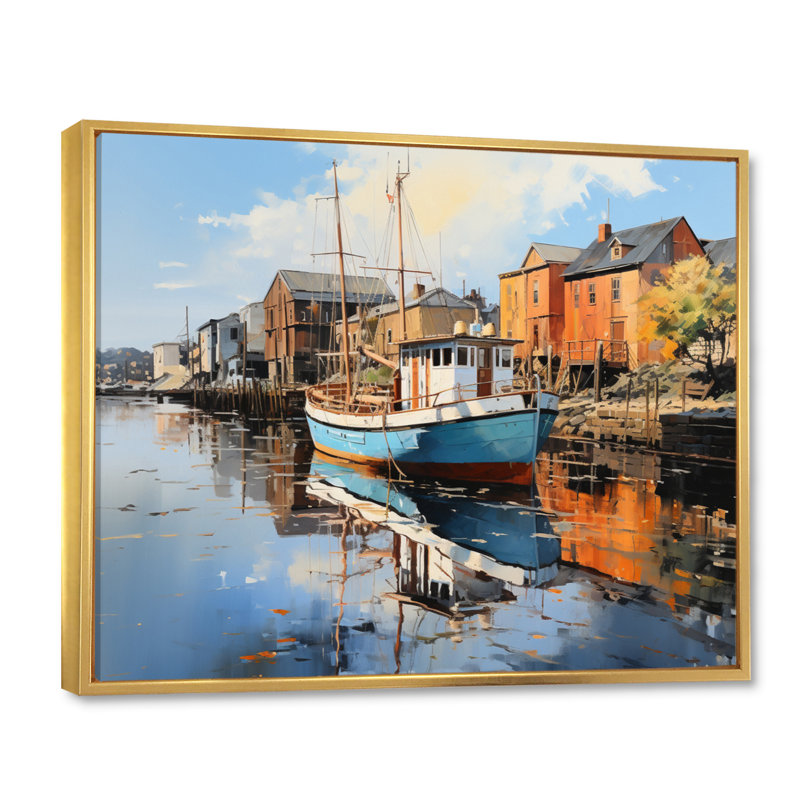 Port Wharfside Reflections an II - reproduction, H 30 po x l 40 po x P 1,5 po, Cadre flottant doré