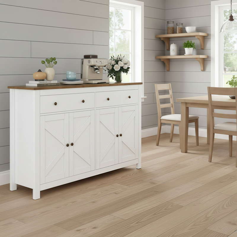 White Farmhouse-Style Wooden Sideboard, Four Doors, Two Drawers, Adjustable Shelves.