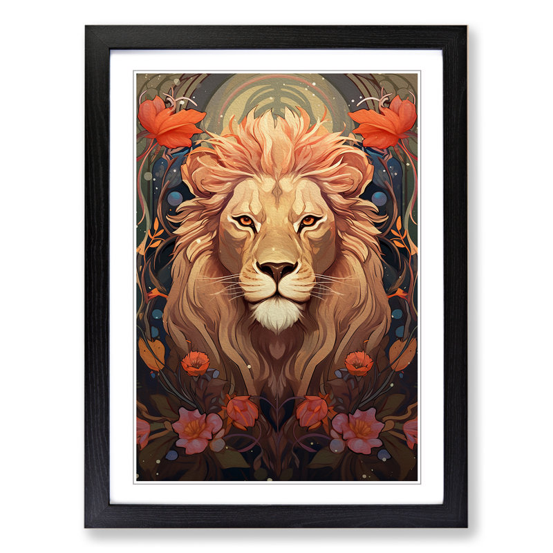 XYZ-FRM-V1223-4246 Lion Nouveau No.2 - Single Picture Frame Print on Wood, 46cm H x 34cm W x 2cm D, Black