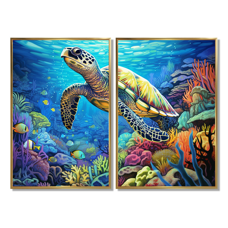 «Blue Sea Turtle World» - art mural bleu, H 36 po x l 48 po, Reproduction encadrée sans passe-partout, Doré