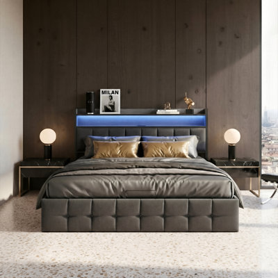 Ottoman Storage Bed With LED Headboard & USB-C Port, European Double & King Size Industrial Frame, Grey Linen