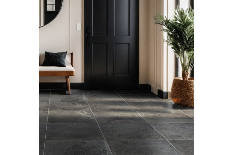 entryway with a modern black slate floor tile