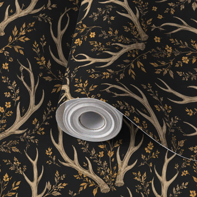 Peel and Stick PVC Wallpaper, Removable Self-Adhesive Wall Covering With Majestic Stag Ornate Antlers Golden Foliage Dark Print, Waterproof for Home Decor - Roll