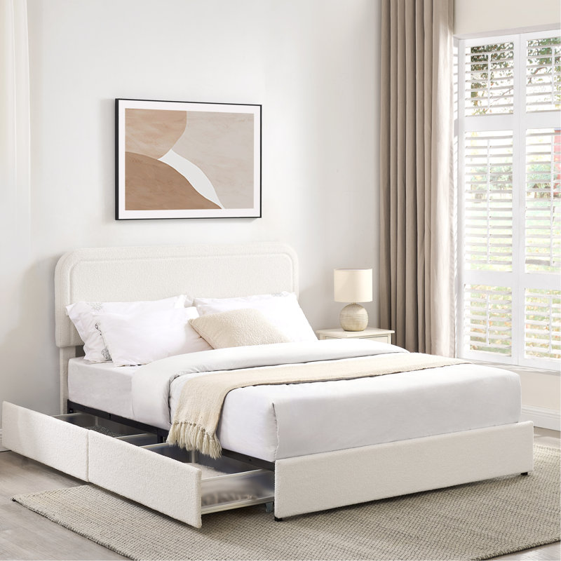 Grand lit rembourré Boucle avec rangement spacieux et structure de système de tiroir de style classique