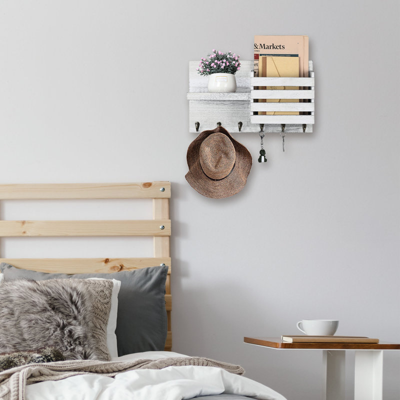 Porte-clés avec porte-clés et porte-lettres mural avec tablette et crochets, Blanc