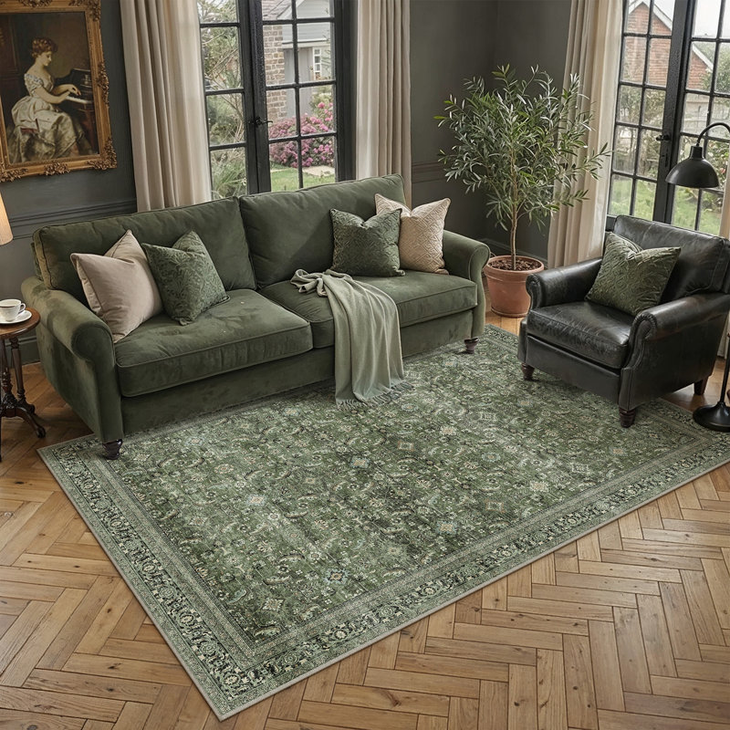 Vintage Oriental Area Rug in Green, Rectangle 6'3" x 8'6"