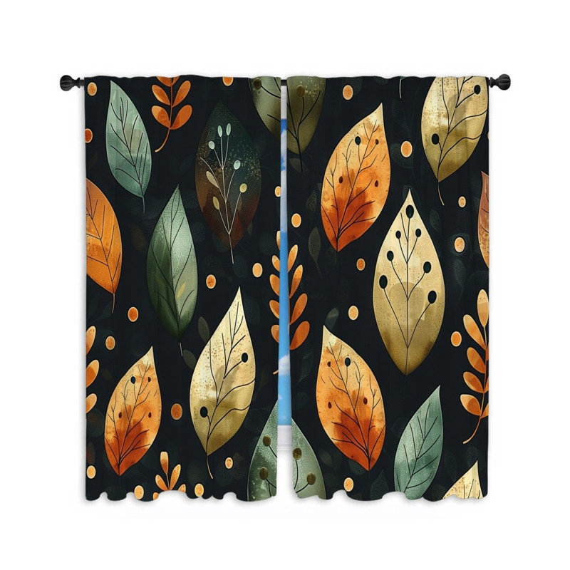 Leaf Patterns Artwork Polyester Room Darkening Curtain Pair, 40" W x 54" L