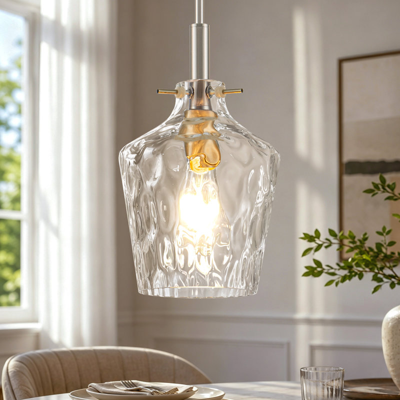 Luminaire suspendu en verre à 1 lumière de 7,87 po, cordon réglable pour îlot de cuisine, au-dessus de l'évier, Clair, Nickel
