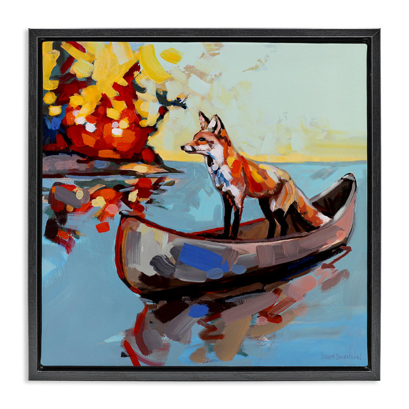 Fox's Voyage on Canoe Floating Frame, design par Adam Swanson, H 25 po x l 25 po, Cadre flottant noir de jais