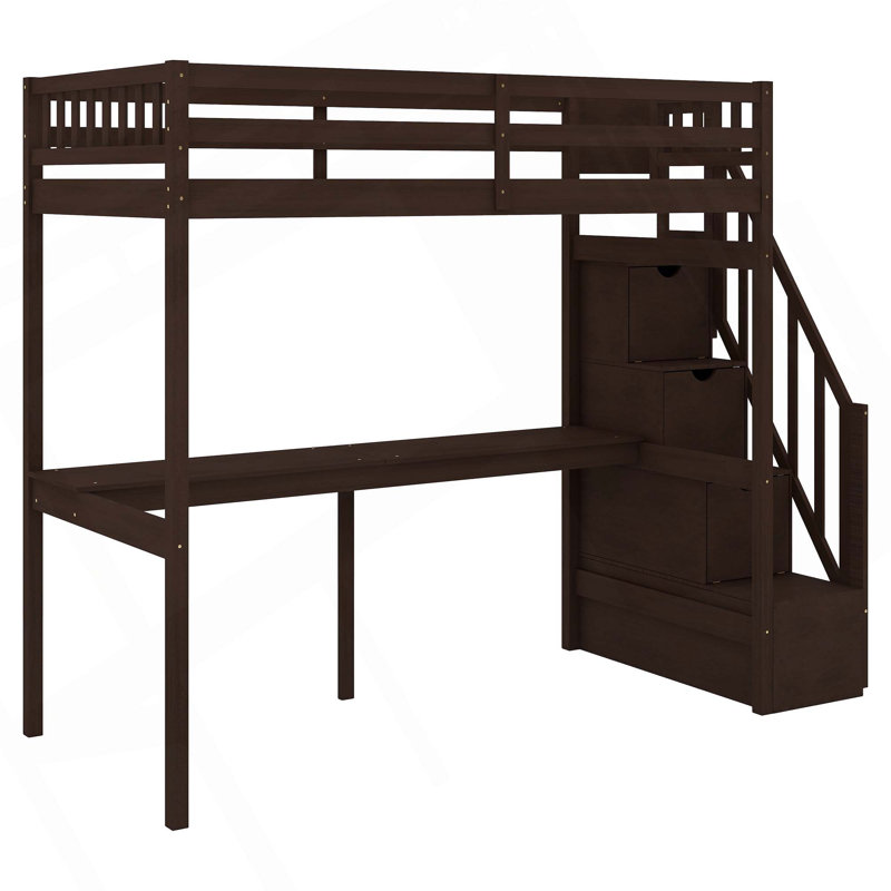 Loft Bed With Storage Staircase And Built-In Desk, Espresso