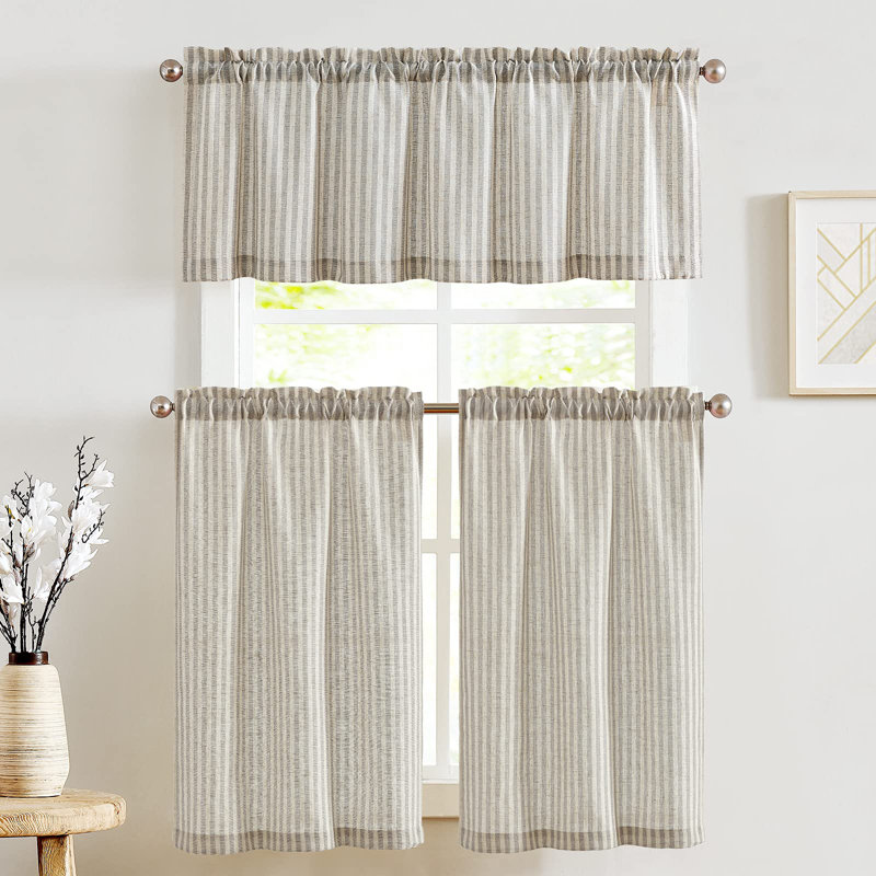 Rod Pocket Striped Kitchen Curtains, Gray, 52" W x 36" L