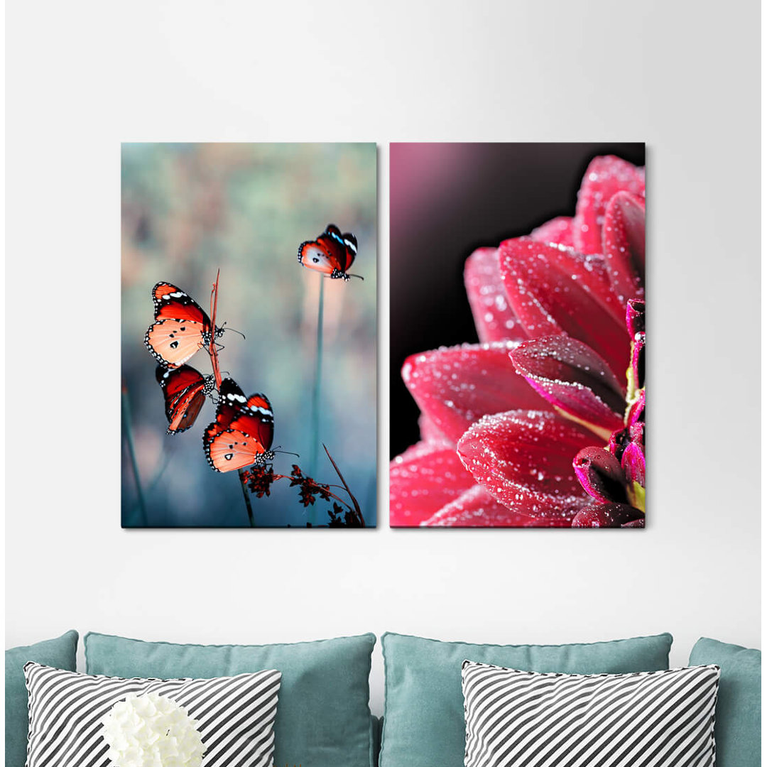 2-tlg. Leinwandbilder-Set - Fotografie „Zinnias Summer Butterflies Red Blossom Idyllic”