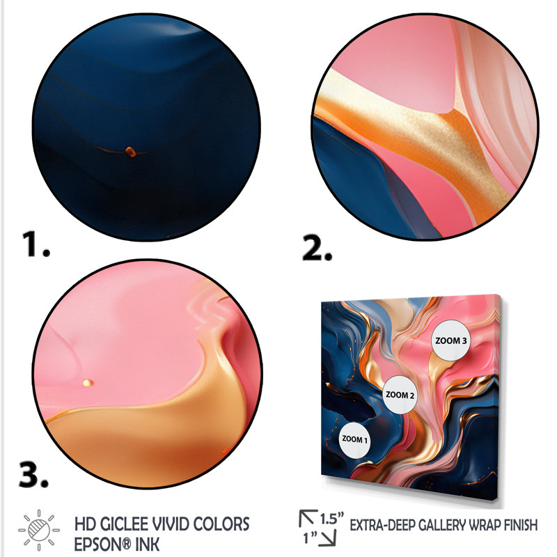 «Rose and Gold», encre liquide Abstraction II - encre liquide, art mural abstrait, Cadre flottant noir