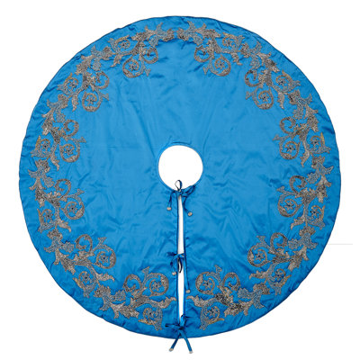 Imperial Blue Hand Beaded Christmas Tree Skirt on Blue Silk- Large - 60" / 72"
