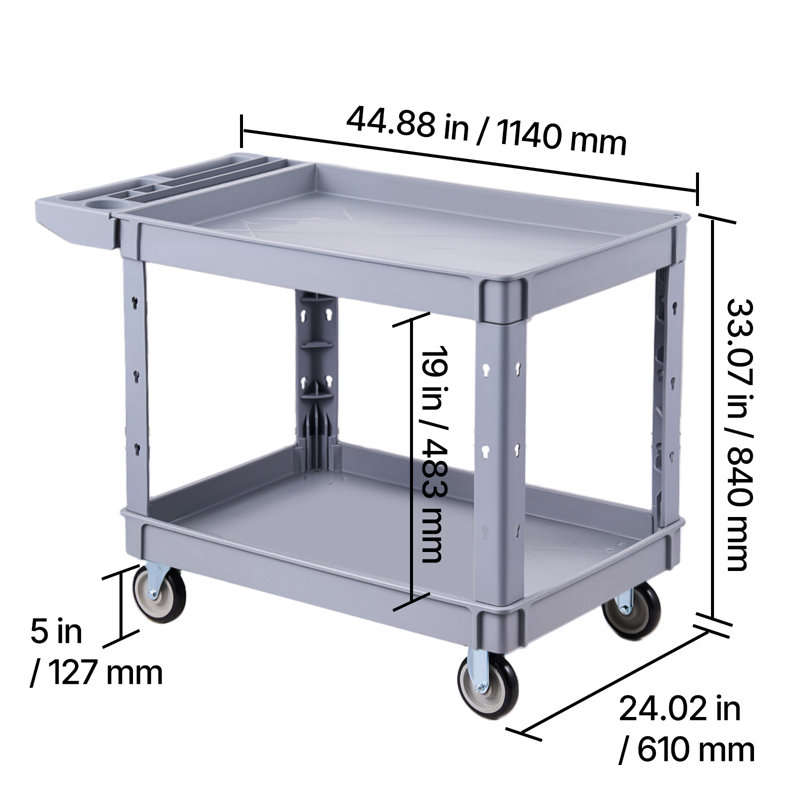Utility Cart, 550 lbs Load Capacity, 2-Tier Rolling Service Cart with 360° Swivel and Fixed Wheels (2 Brakes), Durable Plastic Design with Storage Tray, Ideal for Garage, Warehouse, and Workshop Use, Gray
