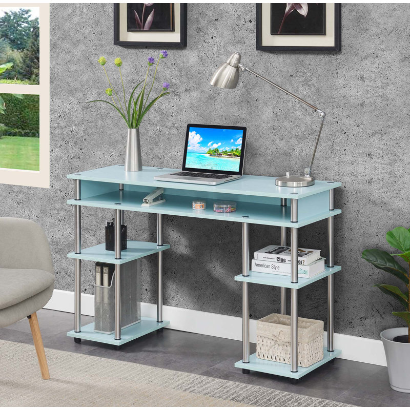 Edwin No Tools Writing Desk with Shelves, Sea Foam Blue/Silver Poles