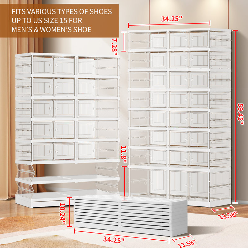 8-Tier 16-32 Pairs Plastic Stackable Shoe Storage Cabinet For Entryway Easy Assembly, Clear
