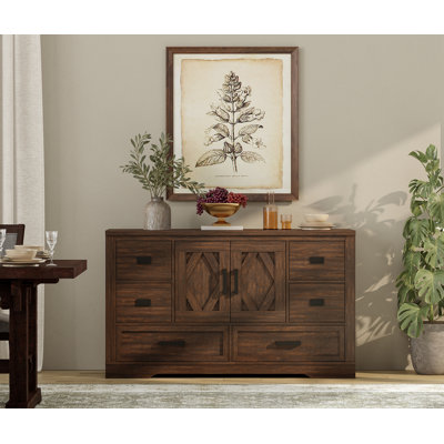 Laziza 54"W Modern Farmhouse Rustic Sideboard Buffet Cabinet With Barn Doors & 6 Drawers, Adjustable Shelves, Scratch-Resistant Tree Bark Finish by Gracie Oaks