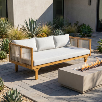 Light Brown Acacia Wood Outdoor Patio Sofa with Light Gray Cushion & Rope Detail
