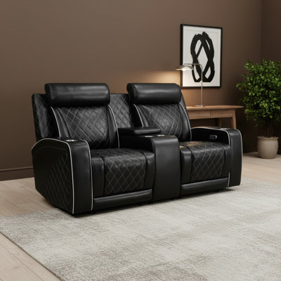 Causeuse inclinable électrique en cuir noir avec rangement, lumières DEL et chargement USB - sièges de cinéma maison avec support à double ressort et structure en bois massif