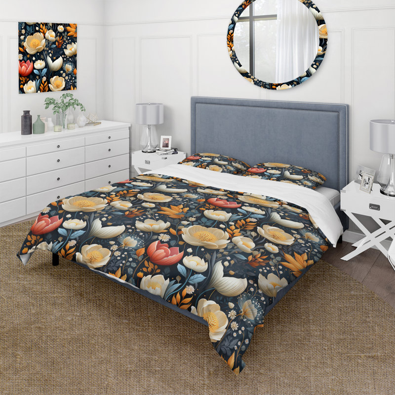 Ensemble de housse de couette Blue Multicolor Garden Blooms Floral Pattern, Housse de couette pour très grand lit et 2 très