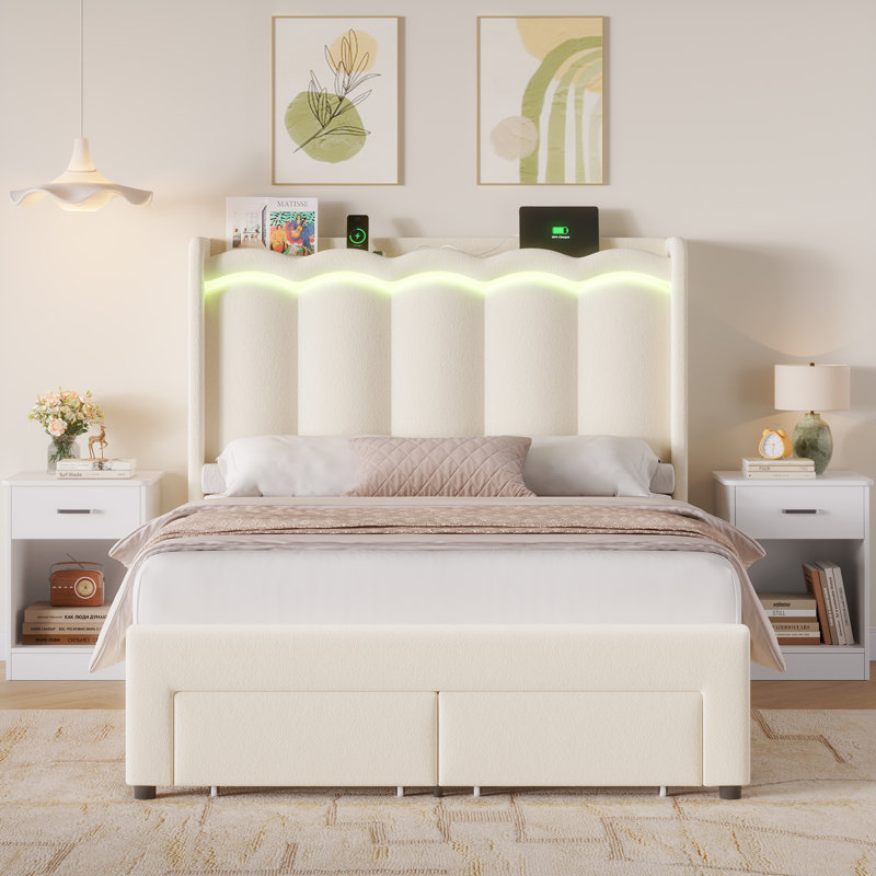 Lit de rangement rembourré en velours avec lumières DEL, lit plateforme avec rangement à 2 tiroirs et station de charge