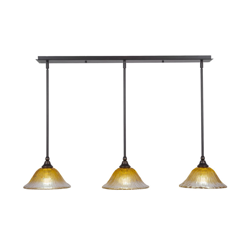 Luminaire suspendu linéaire sur pied 3 lumières avec verre cristal 10 po, Champagne or, Bronze