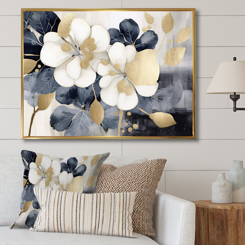 Or blanc hortensia Blooms Heaven II - art mural floral, Cadre flottant doré, H 30 po x l 40 po x P 1,5 po