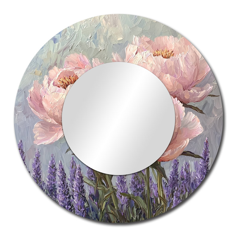Pivoines dans le jardin de lavande I - Miroir mural décoratif floral - imprimé sur métal, 29 po x 29 po