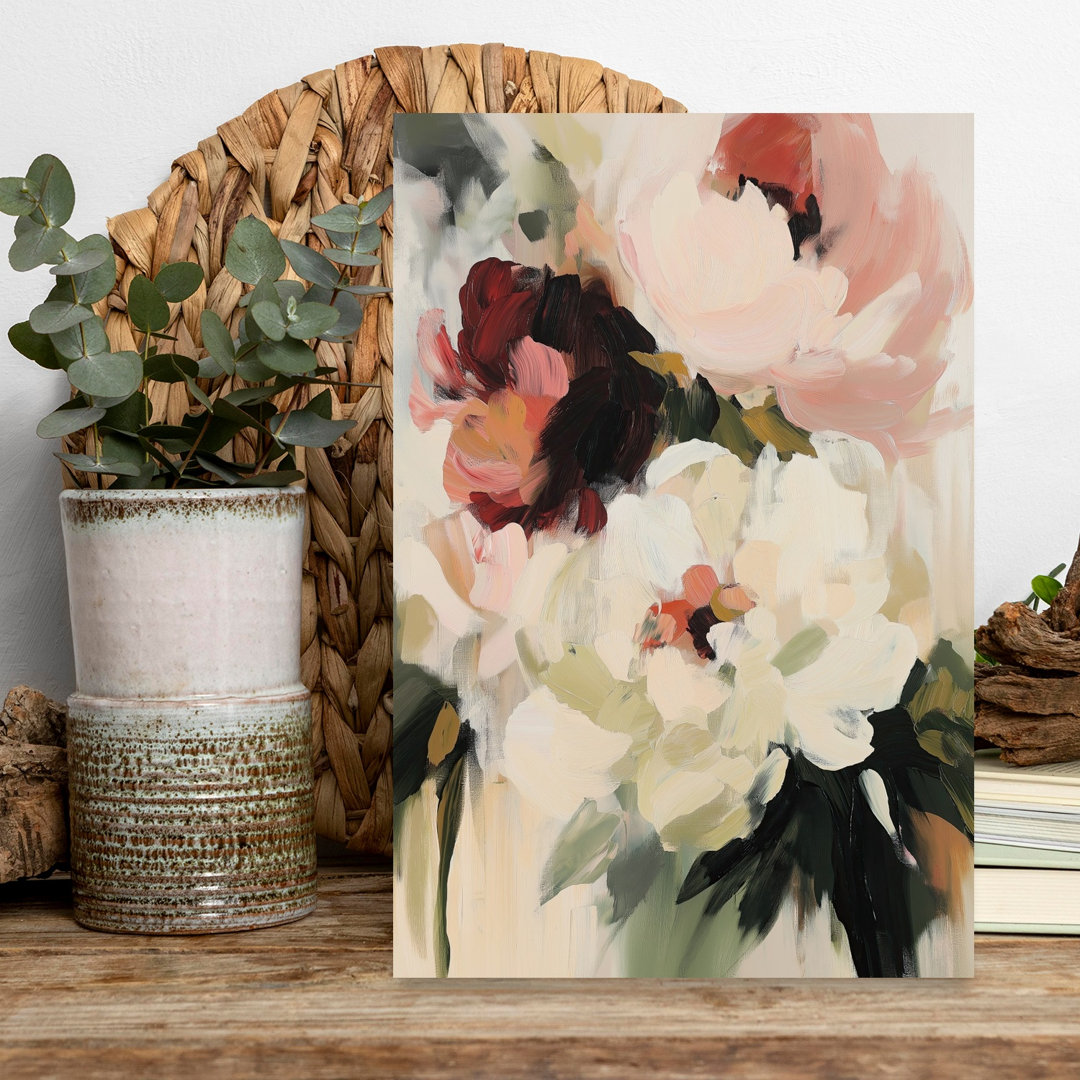 White And Pink Peonies Abstract Bold Contemporary Peony Nature Wall Art Print