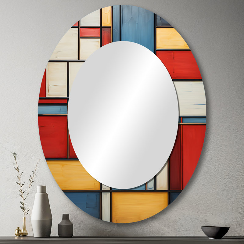 Geometric Abstraction Composition II - Miroir décoratif abstrait ovale sur métal, 43 po x 33 po