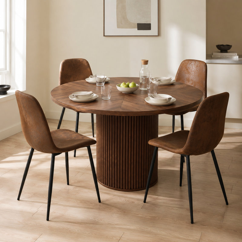 Round Walnut Fluted Pedestal Dining Set with Upholstered Chairs, Ensemble de cinq pièces : table, quatre chaises