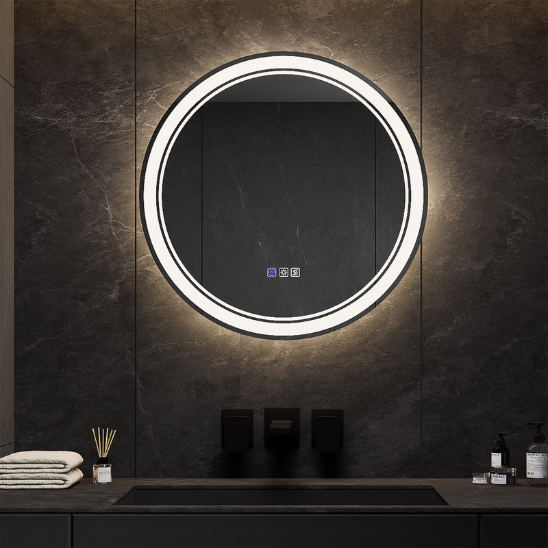 Élégant miroir de salle de bain à DEL avec options de gradation et de désembuage, Cercle, 24 po x 24 po