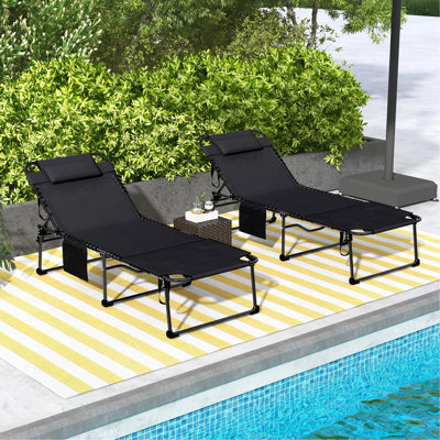 2 Piece Folding Chaise Lounge with 5-level Reclining Back, Outdoor Tanning Chair with Reading Face Hole, Outdoor Lounge Chair with Side Pocket & Headrest for Beach, Yard, Patio, Black