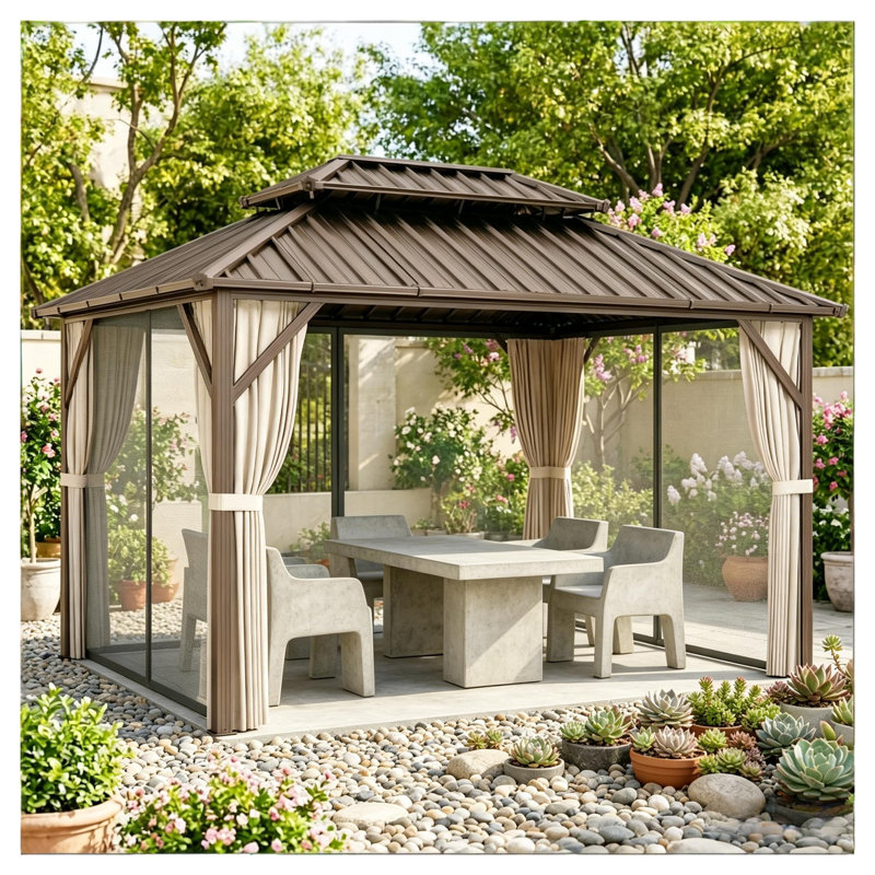 Hardtop Gazebo with Double-Tier Galvanized Steel Roof and Netting - Black/Brown